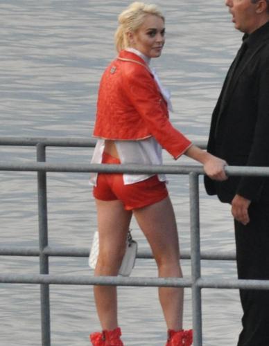 Lindsay Lohan In Red Leather Short Shorts