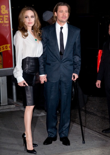 Angelina Jolie in leather Ferragamo at the NYFCC Awards with Brad: lovely?