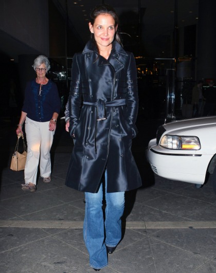 Katie Holmes goes casual in jeans & a great black coat for 'Evita?: looking better'
