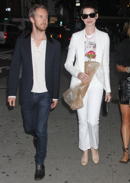 Anne Hathaway in crisp white Stella McCartney in NYC:   lovely or awkward?