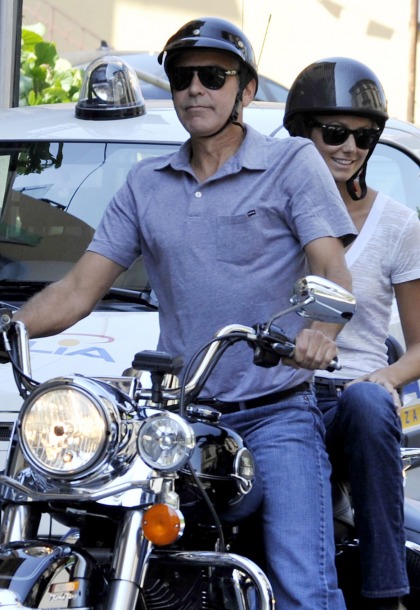 Stacy Keibler rides George Clooney's motorcycle in Lake Como, Italy