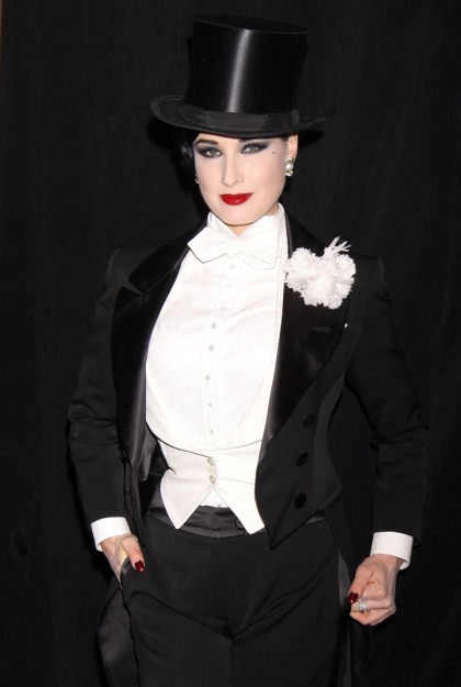 Dita Von Teese goes   drag-king in a formal tuxedo for Halloween: amazing?