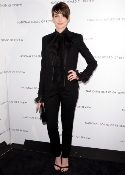 Anne Hathaway in a black Saint Laurent tuxedo at the NBRs: lovely or overworked?