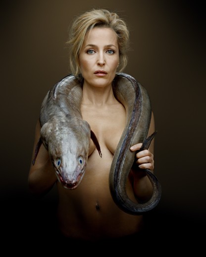 Topless Gillian Anderson Poses With an Eel for Charity