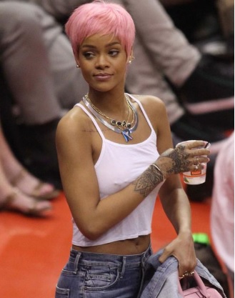 Rihanna Pink Hair at the Clippers game in LA