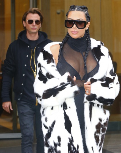 Kim Kardashian goes sheer & furry in a post-baby NYC outing: uncomfortable?