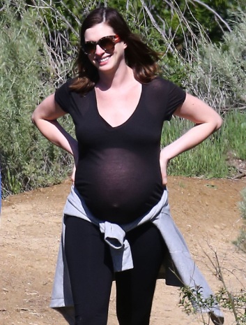 Anne Hathaway See-thru Baby Bump While Out Hiking in Los Angeles