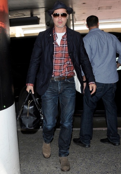Brad Pitt's LAX style involves jeans, trilby hat & plaid: hot or not'