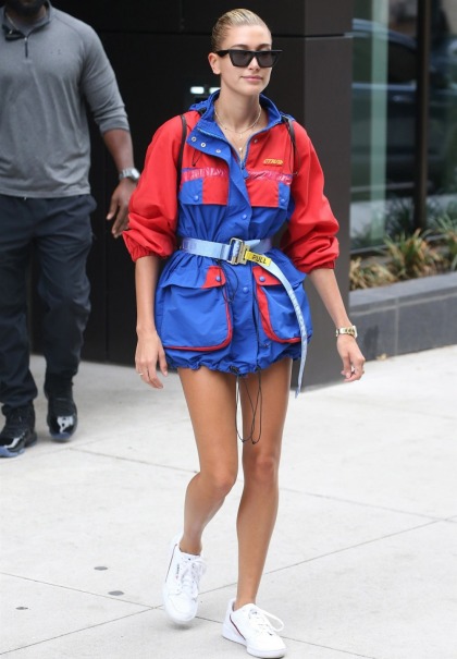 Check out Hailey Baldwin's 'parachute inspired' ensemble, with a seatbelt